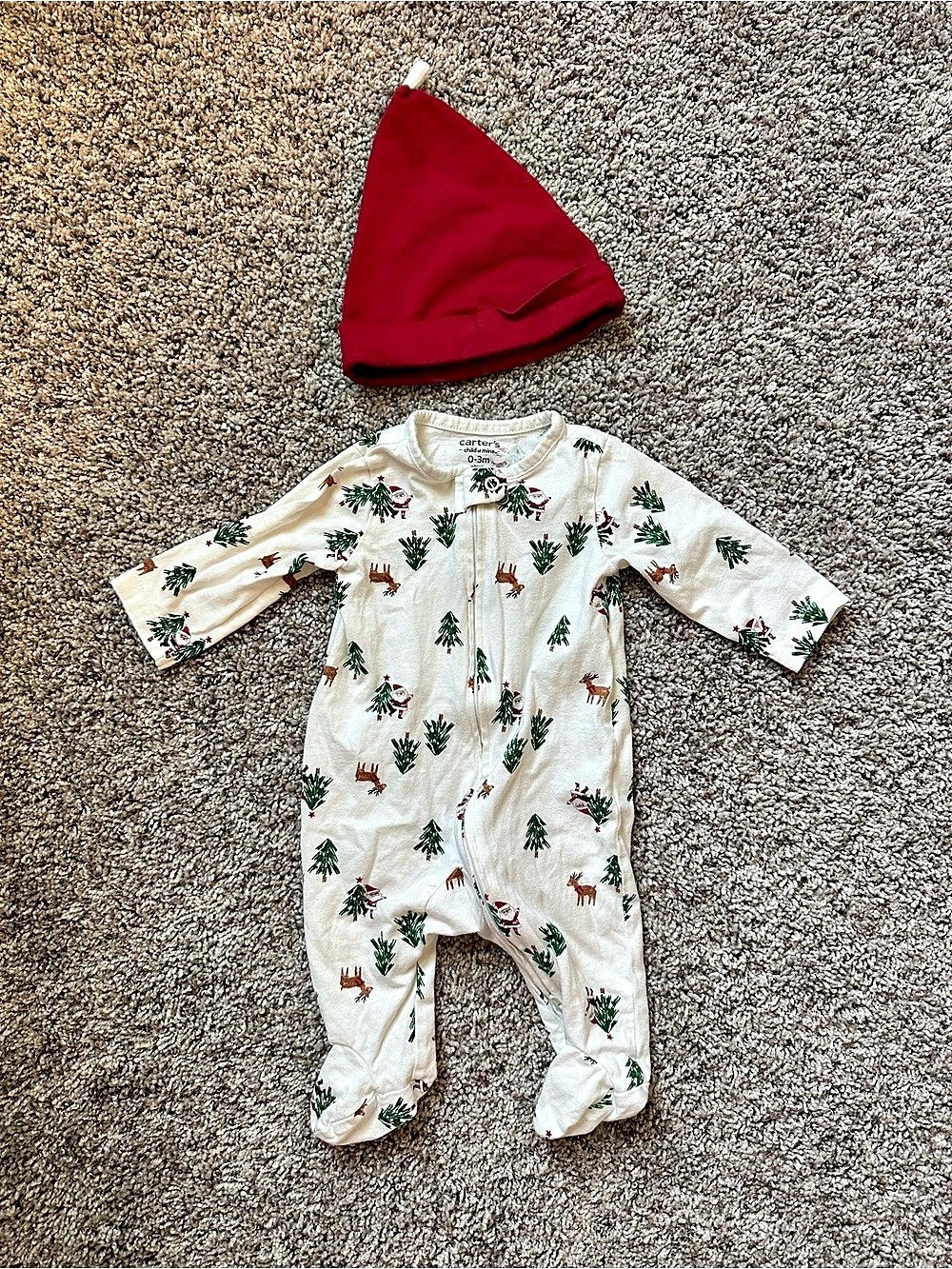 Newborn Christmas Santa Footed Zip Cotton Jersey Sleeper + Hat Set 0-3M Holiday